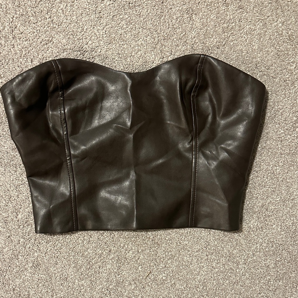 Babaton Faux Chocolate Brown Faux Leather Bustier Top